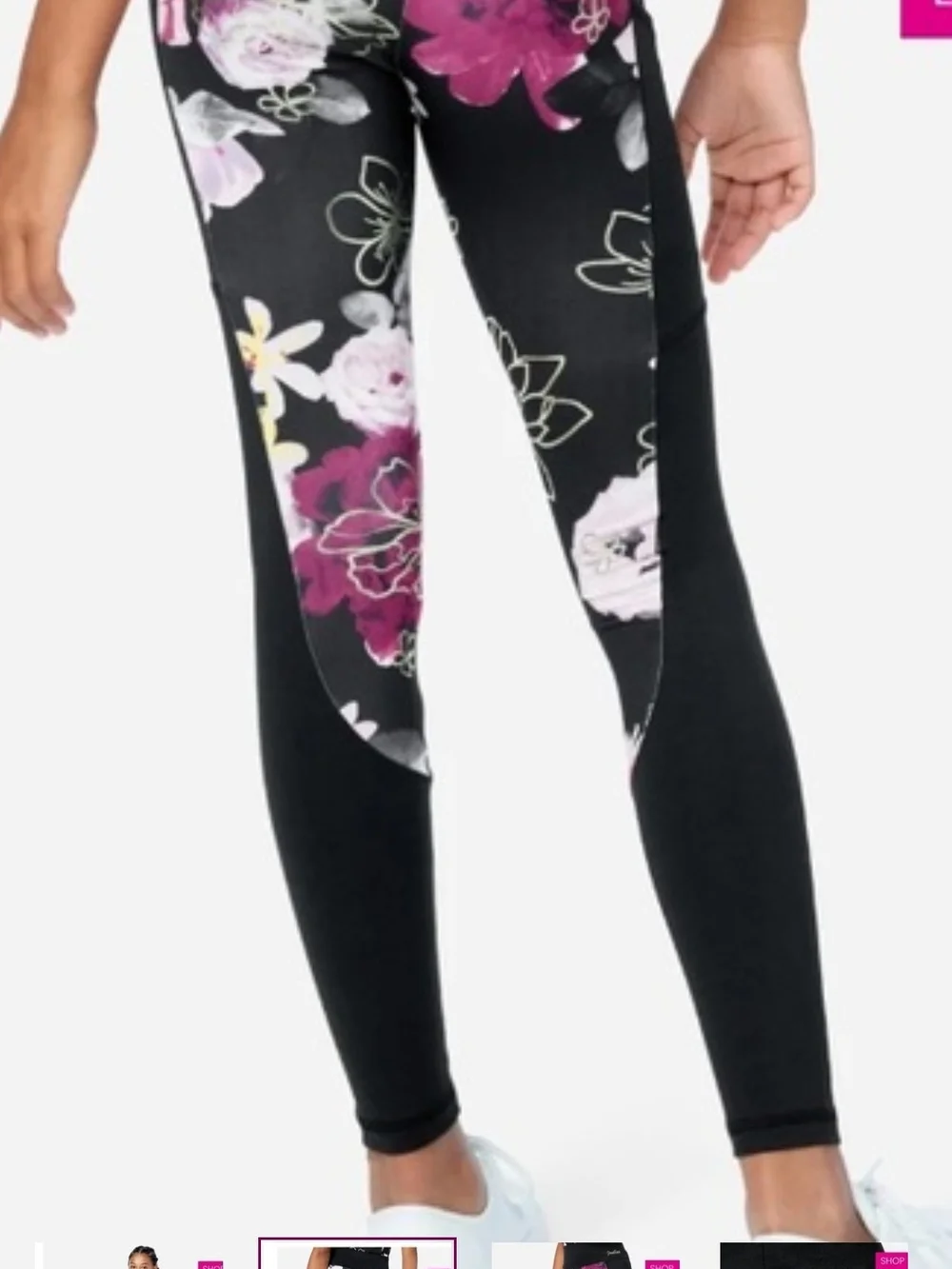 Justice Black Floral Leggings with Pink & Burgundy Flowers